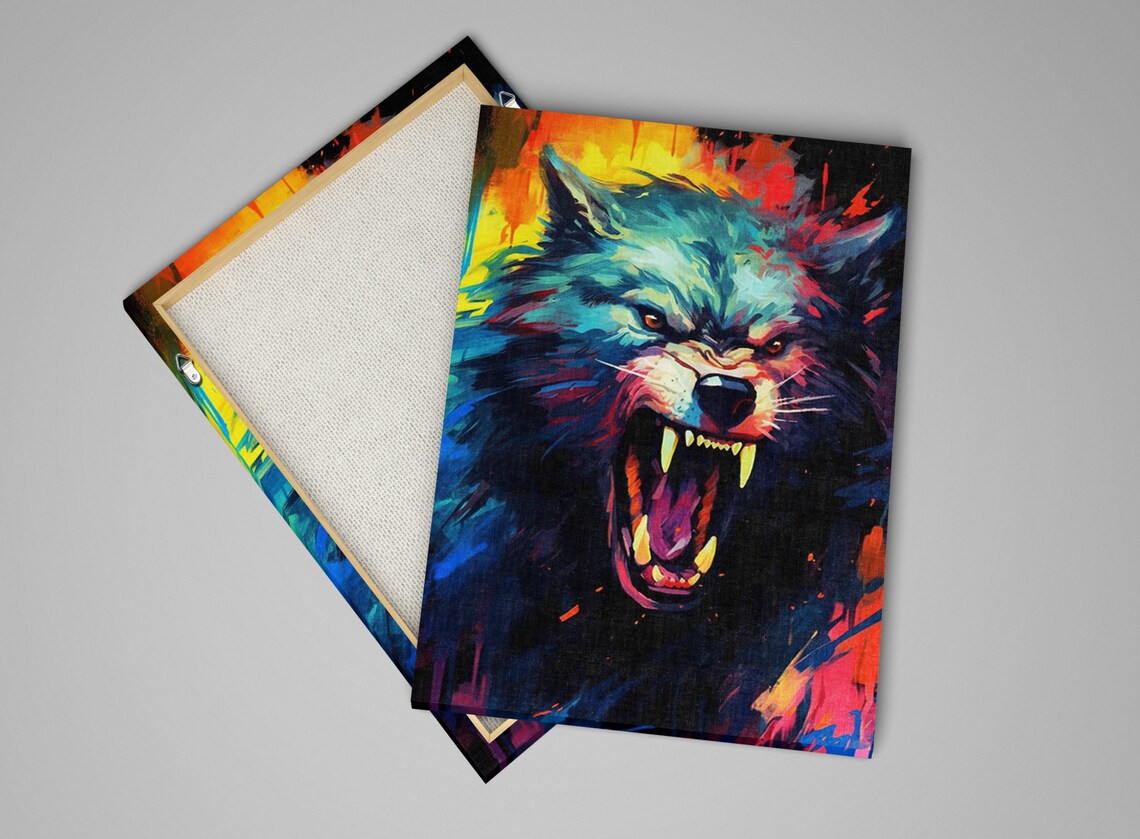 Fierce Blue Werewolf Snarling Fangs Fiery Orange Expressionist Art Print - Image 4