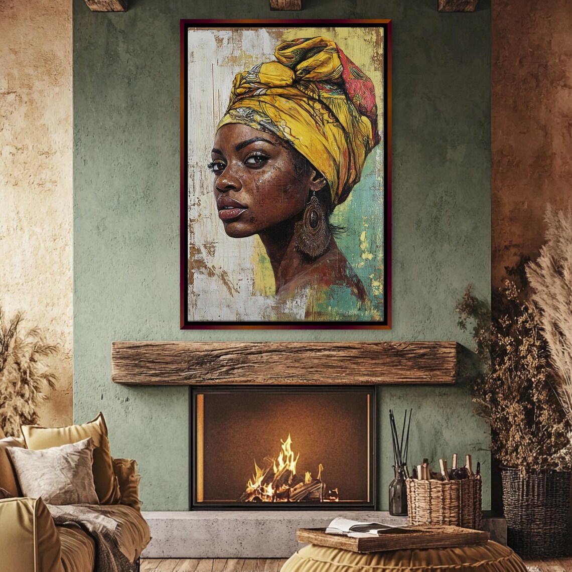 African Woman Yellow Headwrap Textured Portrait Elegant Wall Art - Image 5