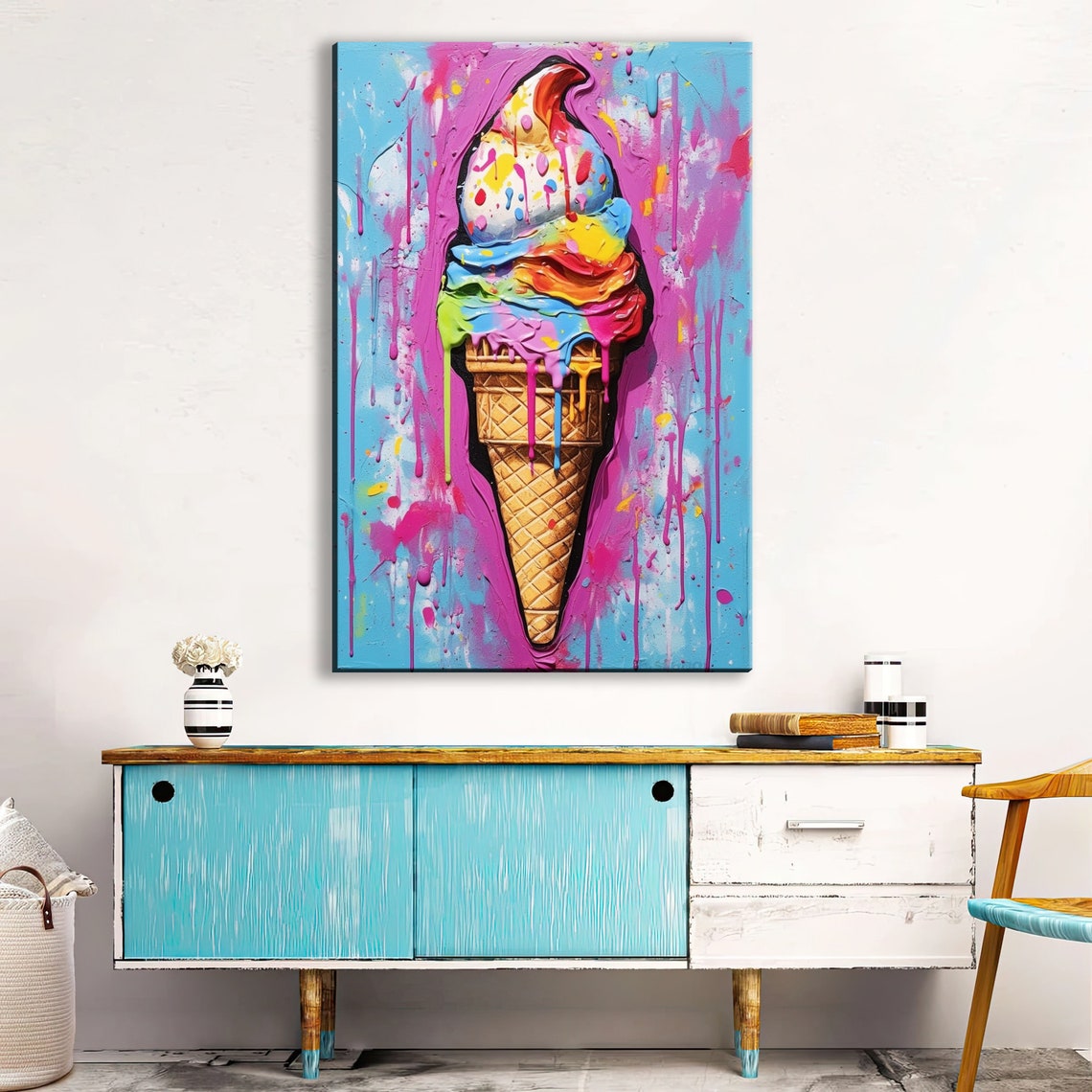Melting Ice Cream Cone Pop Art Pink Blue Drips Sweet Wall Art - Image 2