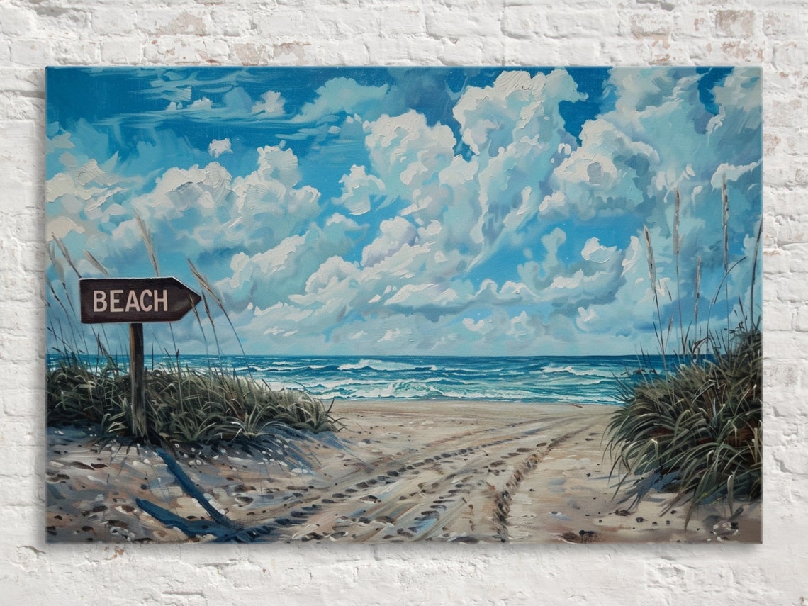 Beach Sign Sandy Path Ocean Horizon Billowing Clouds Coastal Poster