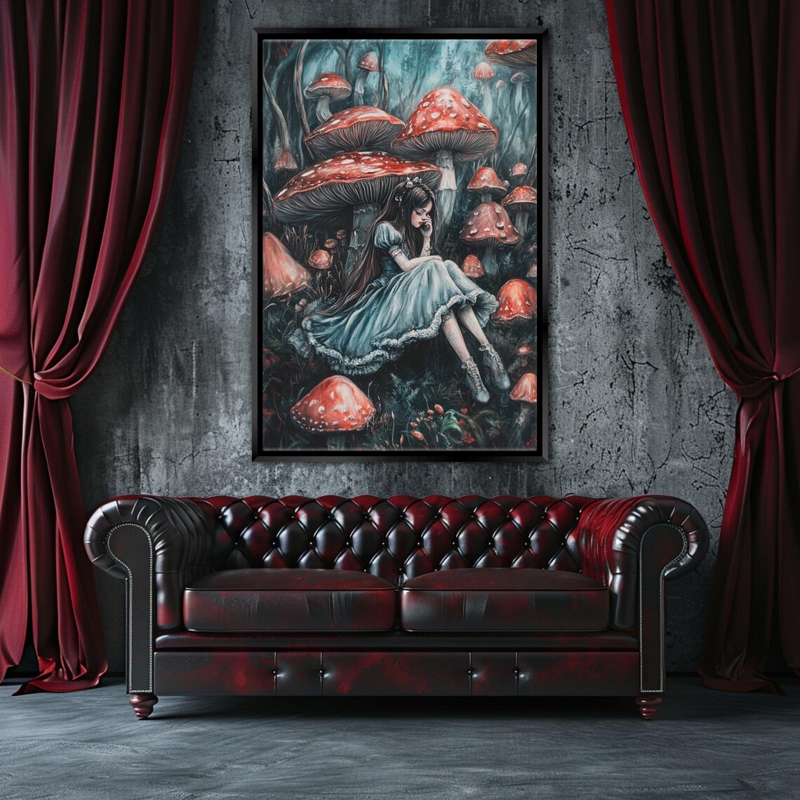 Gothic Alice Among Giant Red Mushrooms Dark Fantasy Fairy Tale Poster - Image 4
