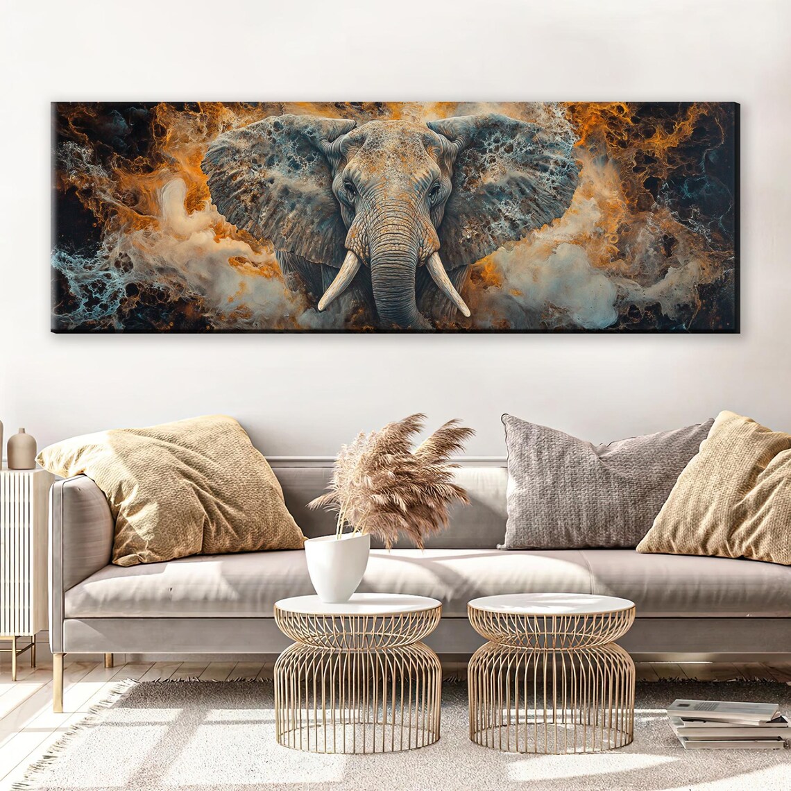 Abstract Elephant In Orange Grey Smoke Swirls Dramatic Panoramic Art Print - Image 5