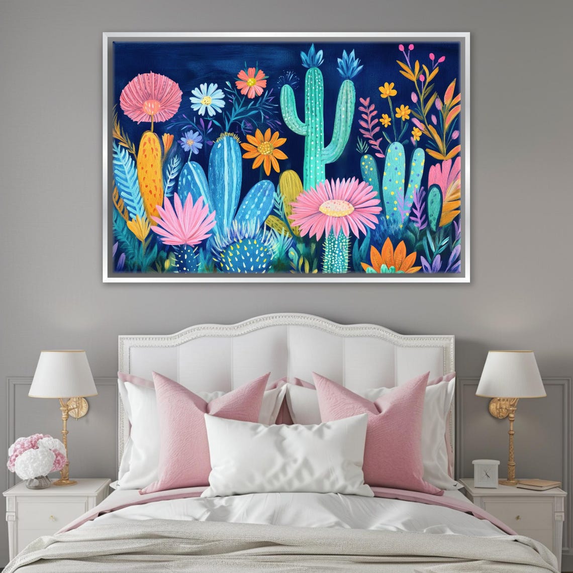 Bright Cacti And Flowers On Navy Blue Folk Pop Art Style Poster Print - Image 4