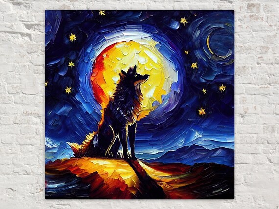 Wolf Howling At Moon Starry Night Blue Sky Wildlife Art Poster