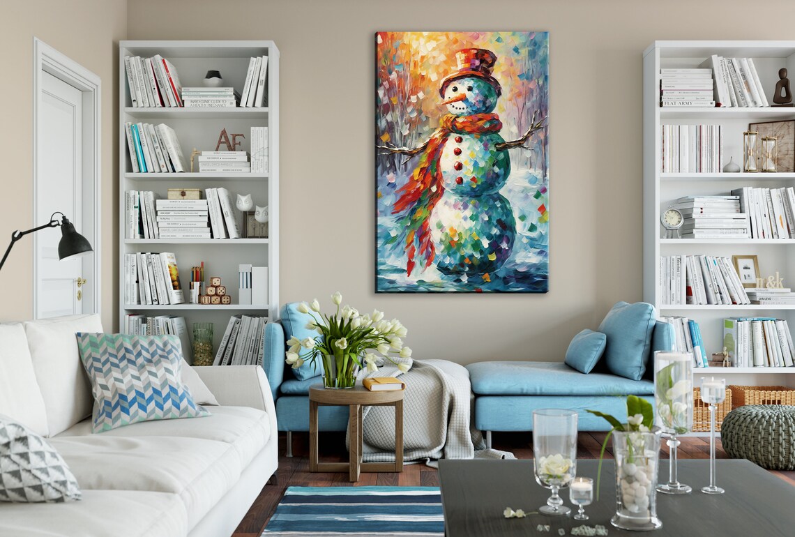 Mosaic Snowman Rainbow Scarf Sunset Glow Colorful Winter Art Print - Image 2
