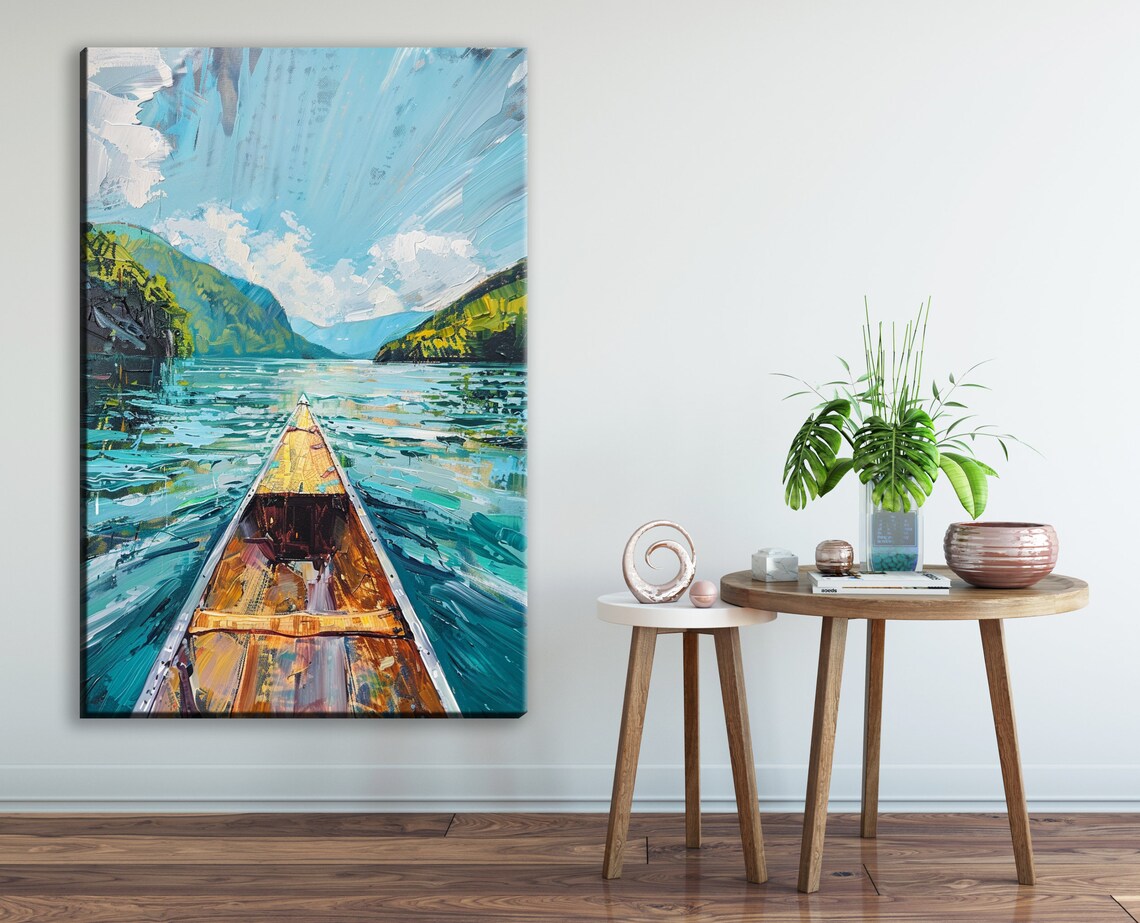 Canoe Bow Turquoise Mountain Lake Green Hills Adventure Poster - Image 3
