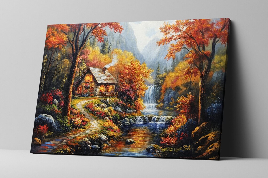 Cozy Autumn Landscape, Thomas Kinkade-Inspired Art Print - Image 2