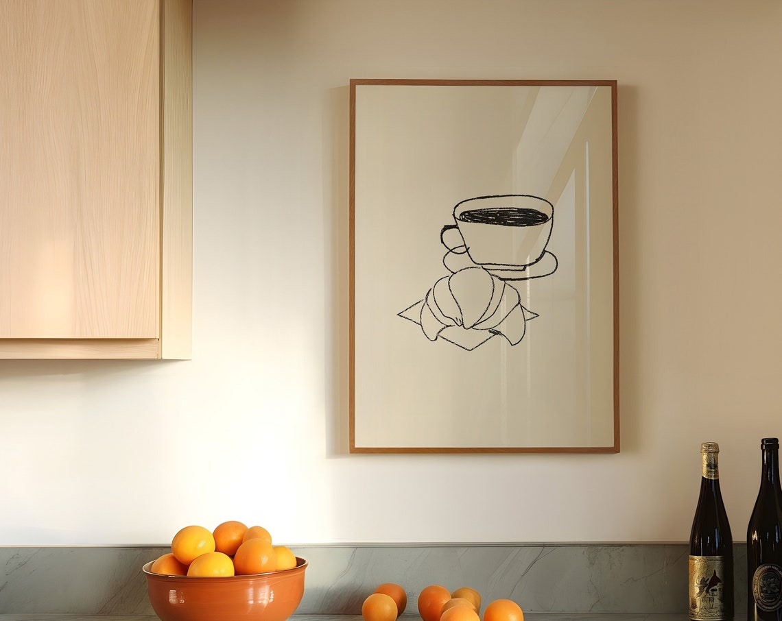 Coffee Cup And Croissant Line Drawing Minimalist Kitchen Poster