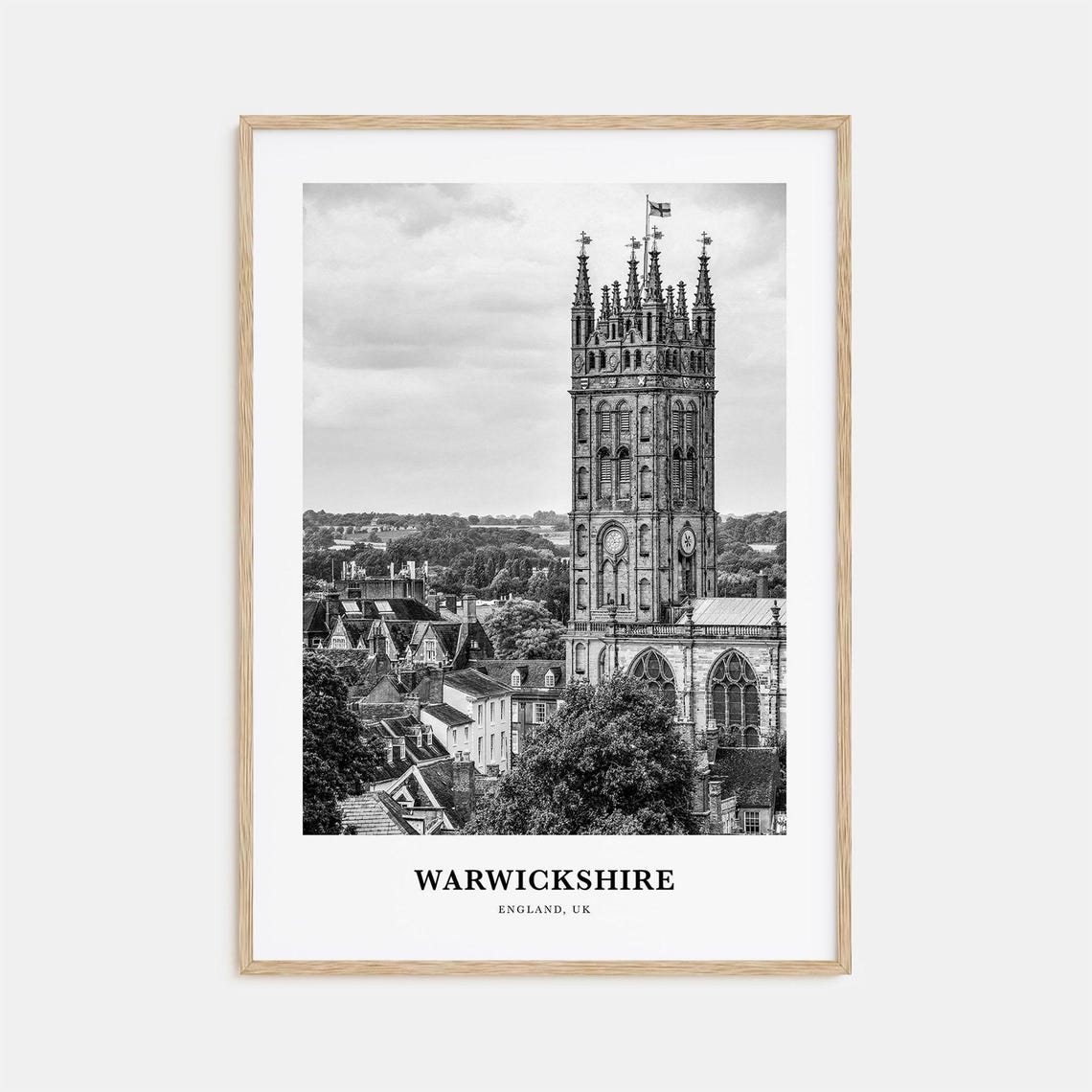 Warwickshire England Ornate Church Tower Over Town Black White Poster