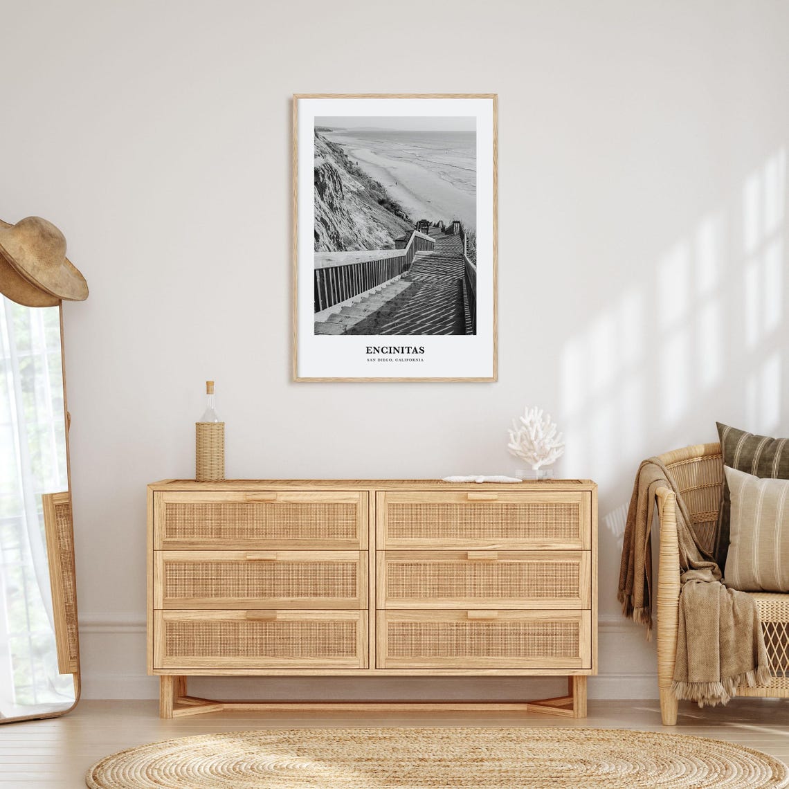 Encinitas Beach Bluff Wooden Staircase Black and White Poster - Image 3