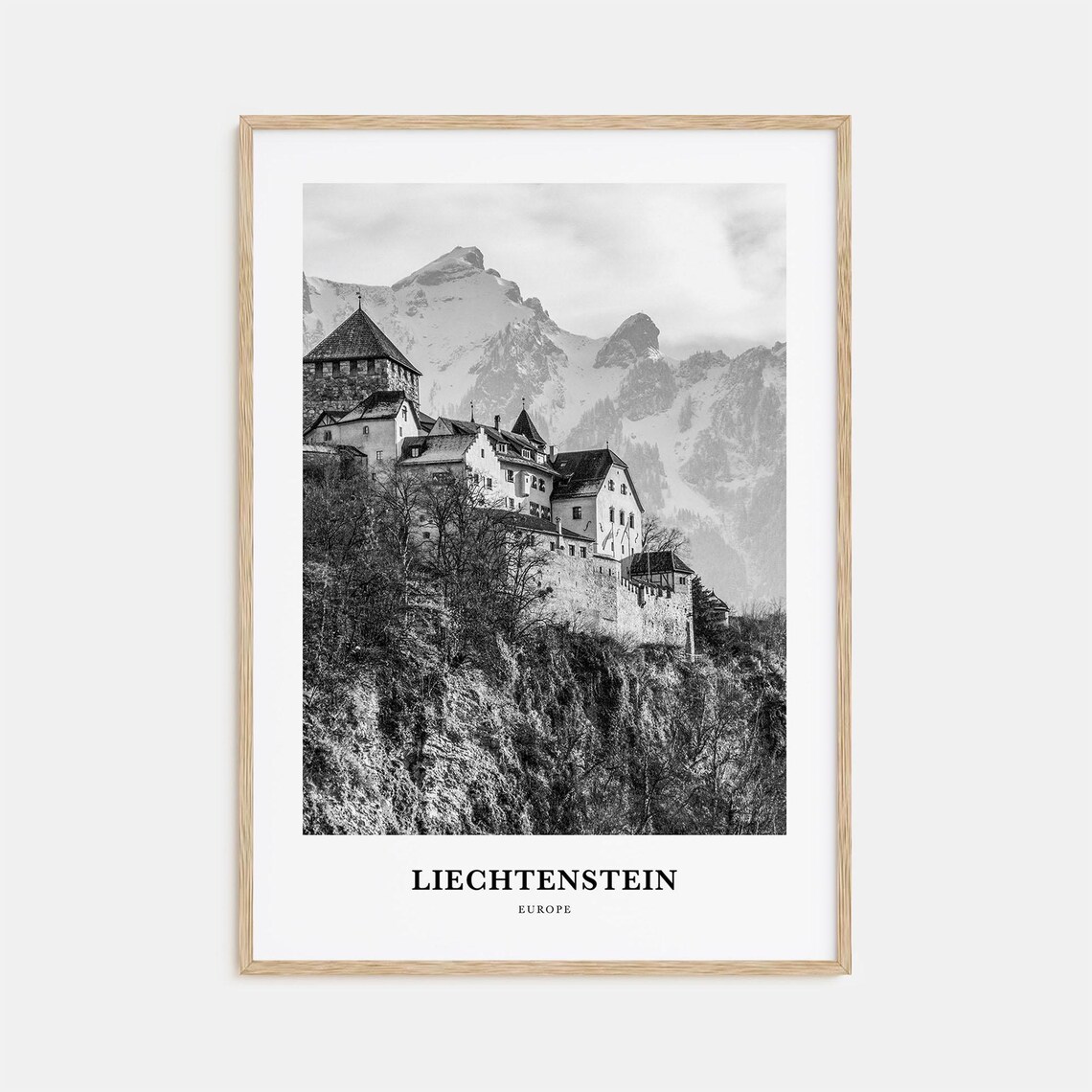 Liechtenstein Vaduz Castle Alps Cliffside Black White Poster