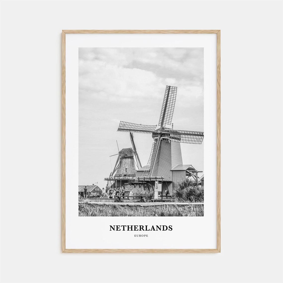 Netherlands Windmills Dutch Countryside Black And White Travel Poster