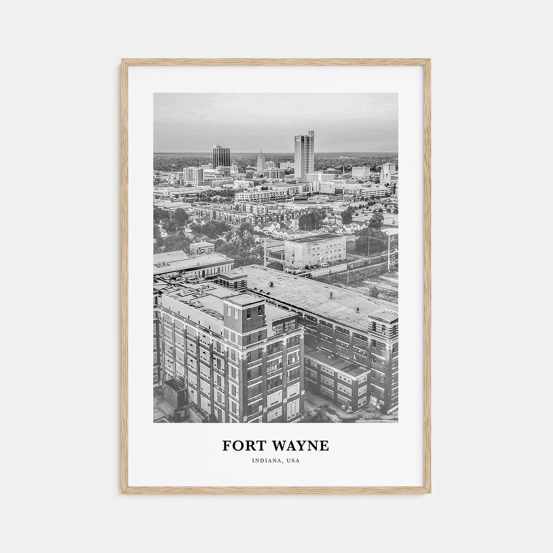 Fort Wayne Indiana Downtown Skyline Aerial Black White Photo Poster