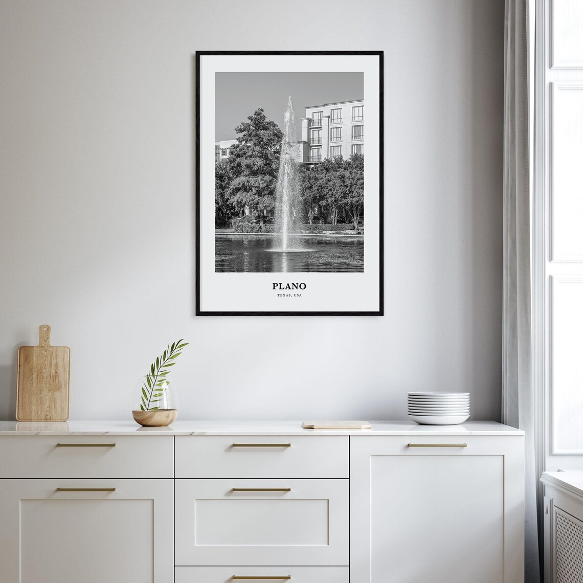 Plano Texas Lake Tall Fountain Waterfront Black and White Poster - Image 2