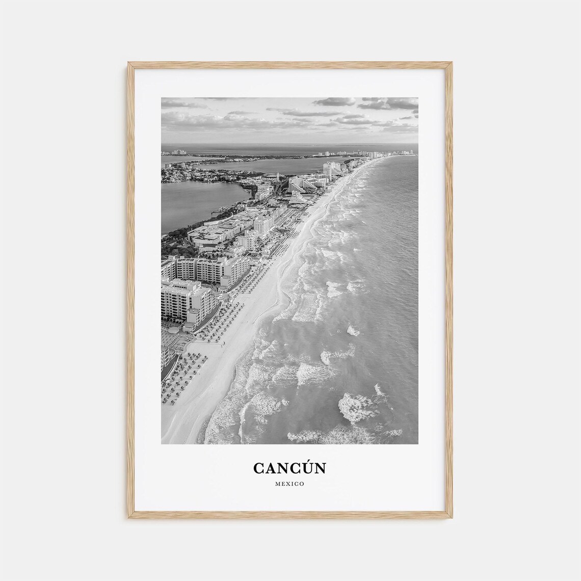 Cancun Mexico Resort Beach Shoreline Aerial Black White Art Print