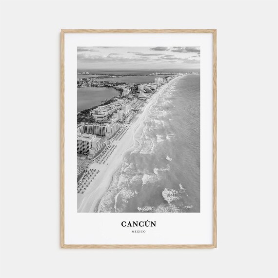 Cancun Mexico Resort Beach Shoreline Aerial Black White Art Print