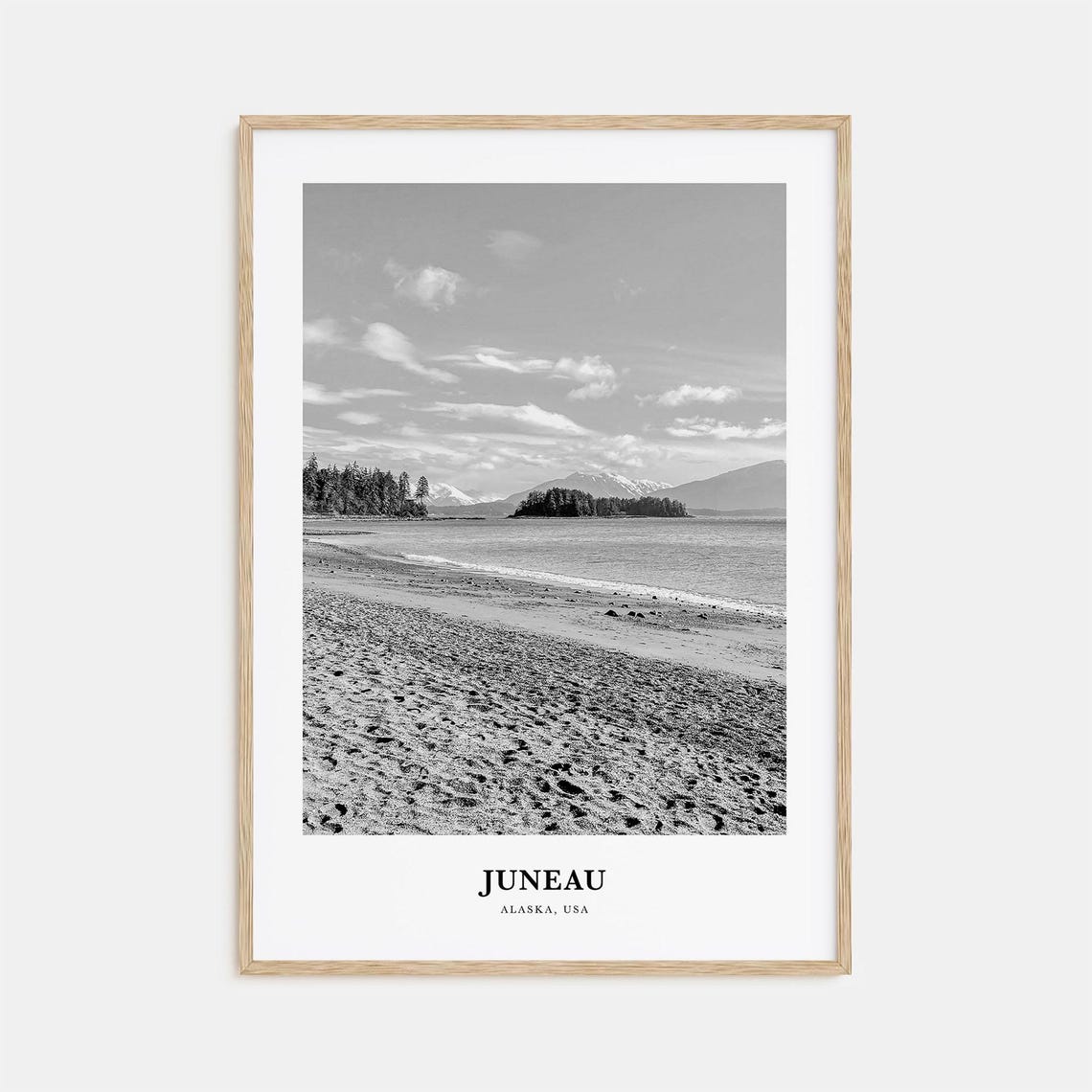 Juneau Alaska Black and White Sandy Beach Island Shoreline Poster
