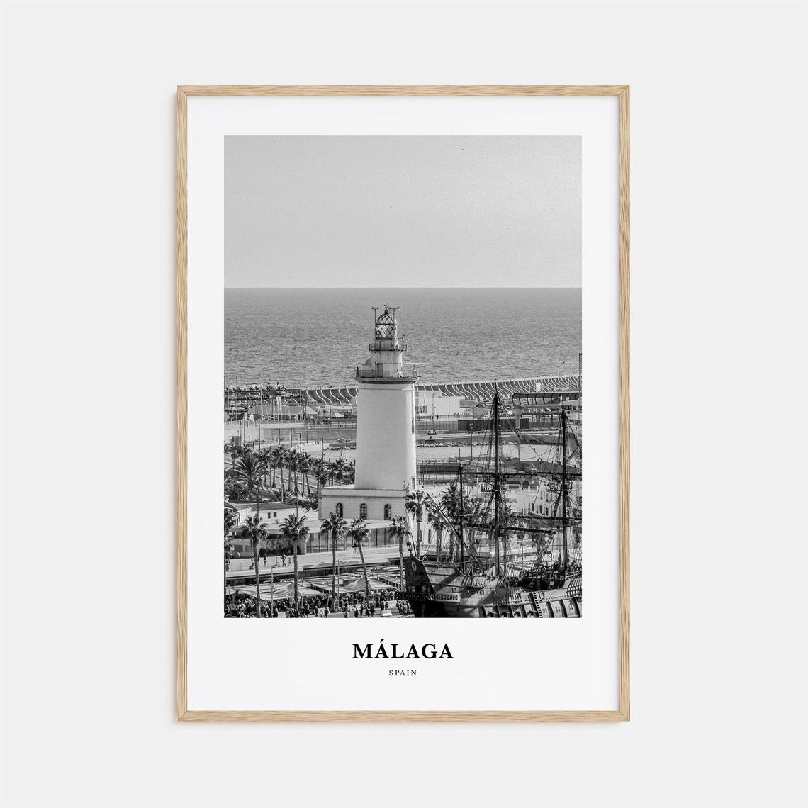Malaga Spain Lighthouse Harbor Tall Ship View Black White Photo Poster