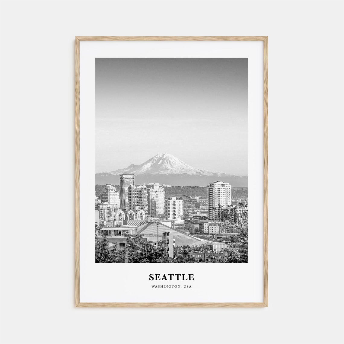 Seattle Washington Skyline Mount Rainier Backdrop Black White Poster