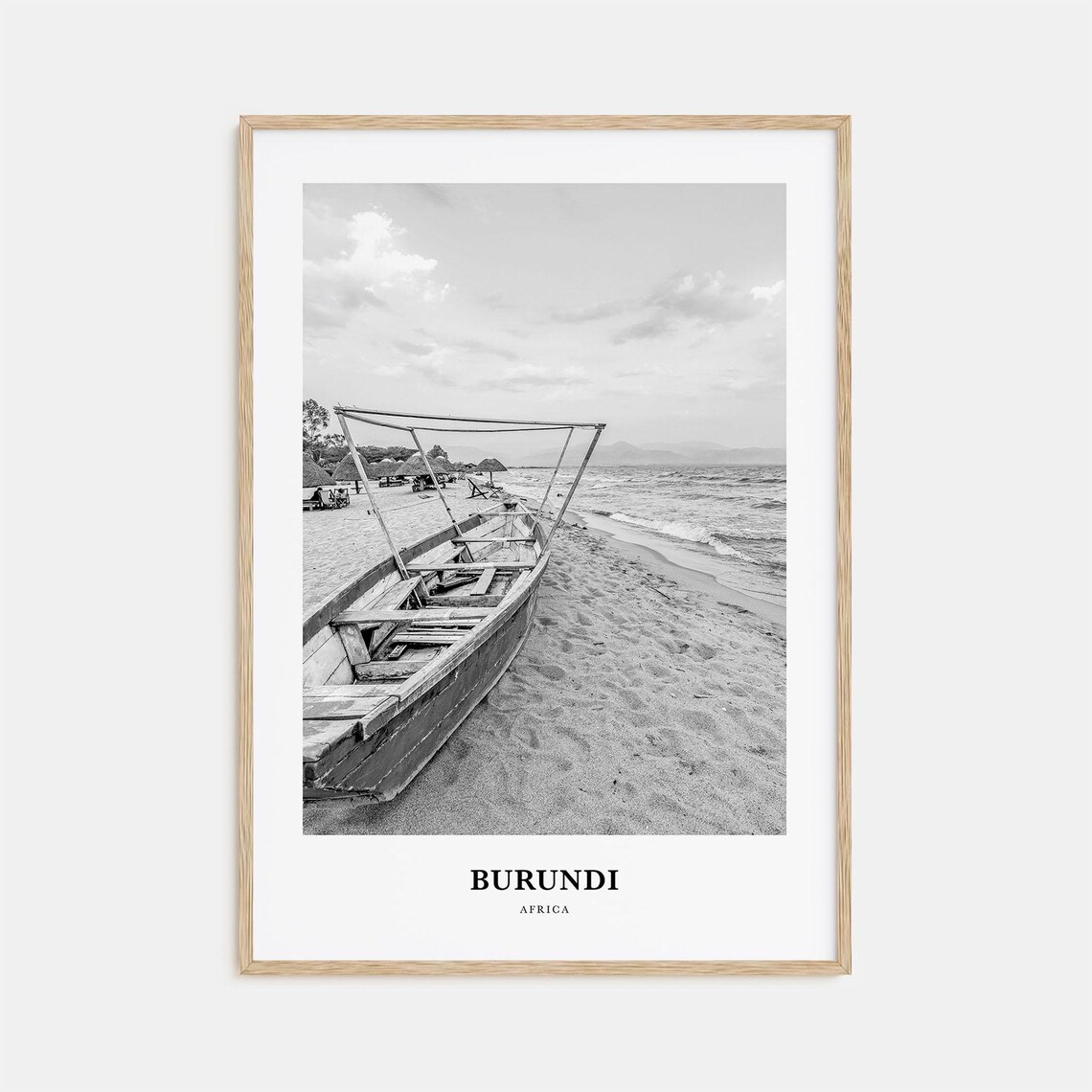 Burundi Lake Shore Wooden Fishing Boat Black and White Travel Poster