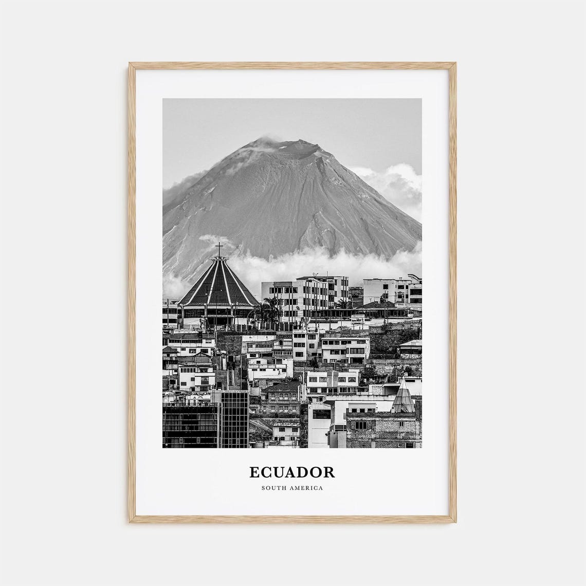 Quito Ecuador Volcano Over City Skyline Black and White Poster