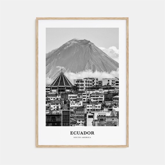 Quito Ecuador Volcano Over City Skyline Black and White Poster