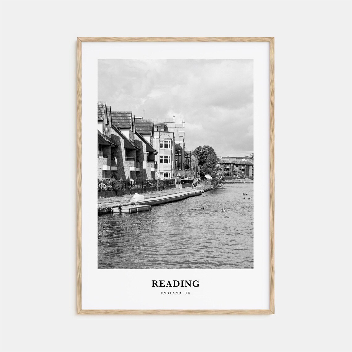 Reading England Riverside Houses Black and White Travel Poster