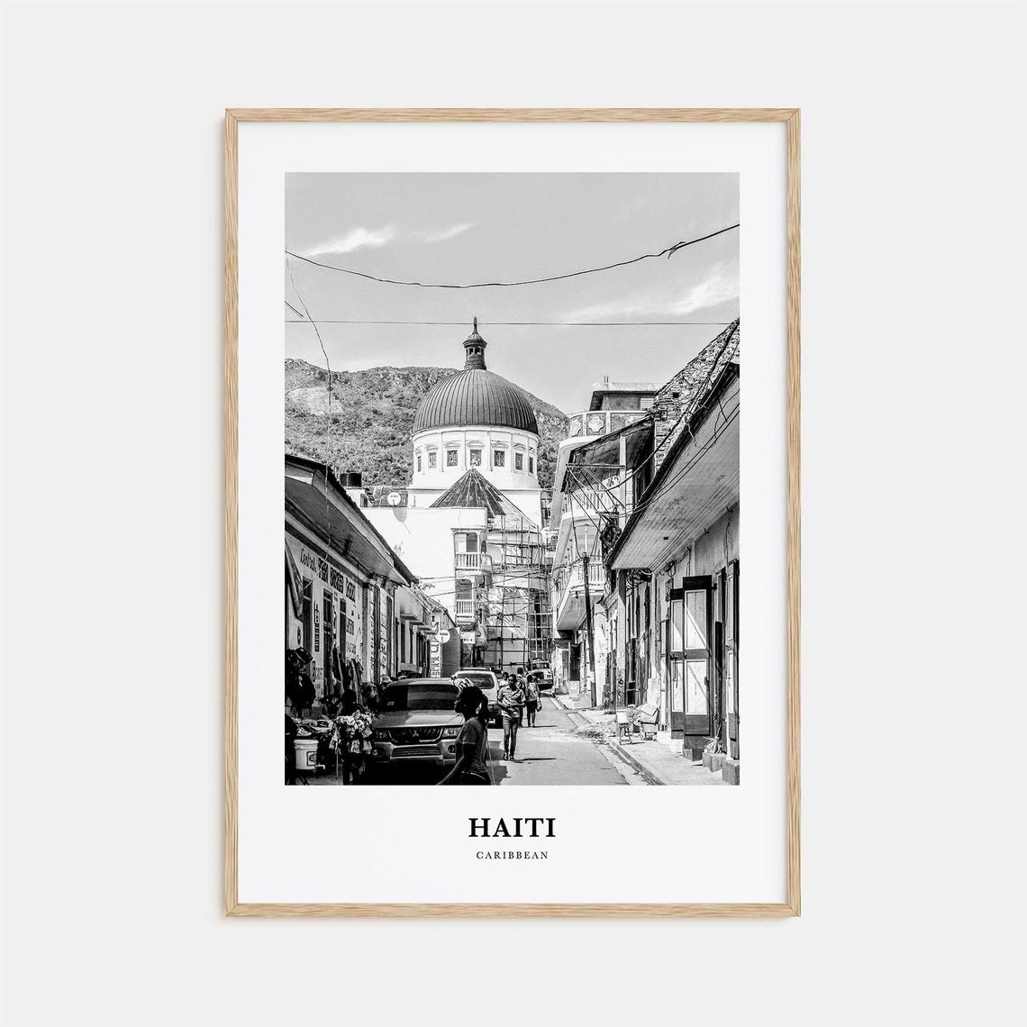 Haiti Caribbean Colonial Street Church Dome Black White Poster