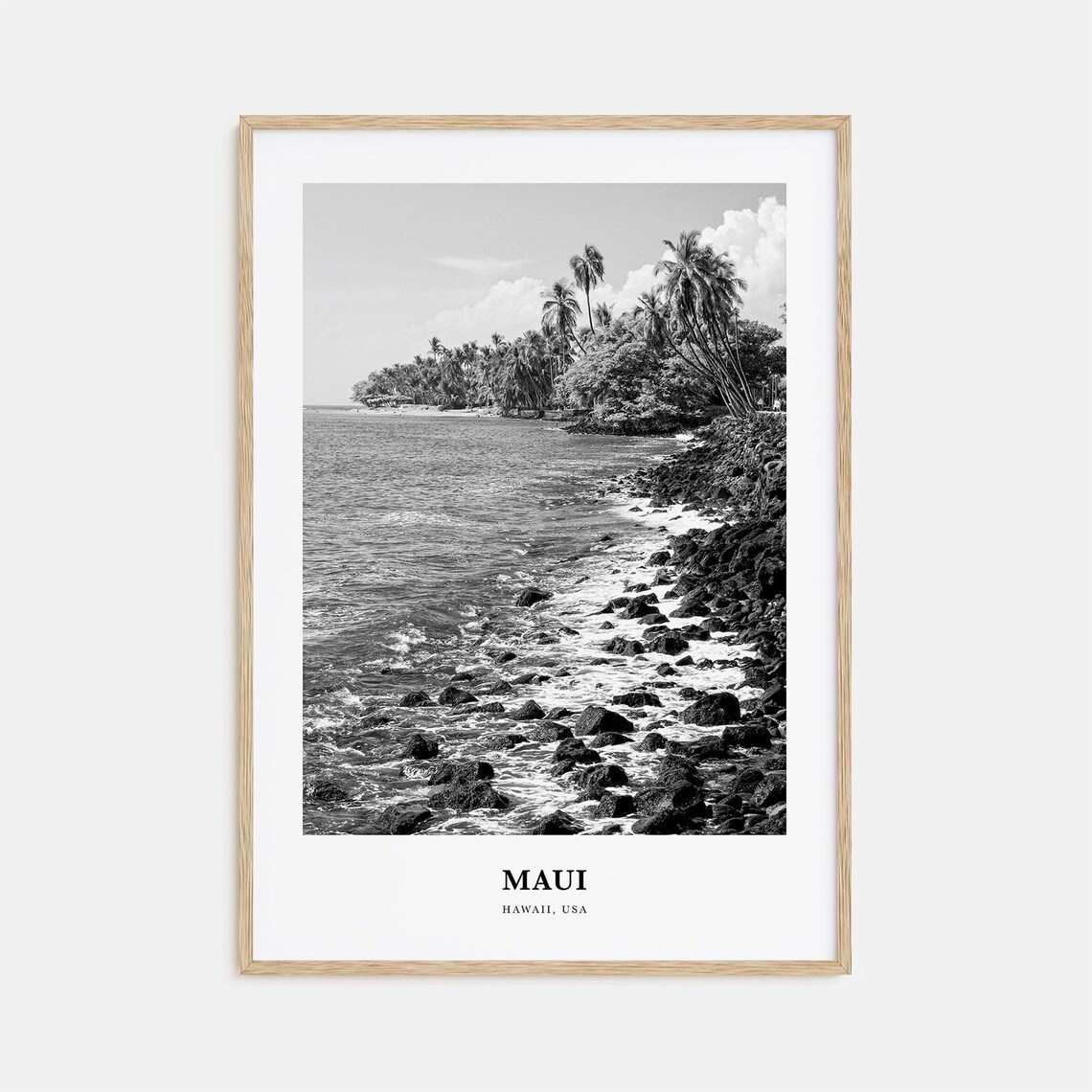 Maui Hawaii Rocky Shoreline Palm Trees Black White Photo Poster