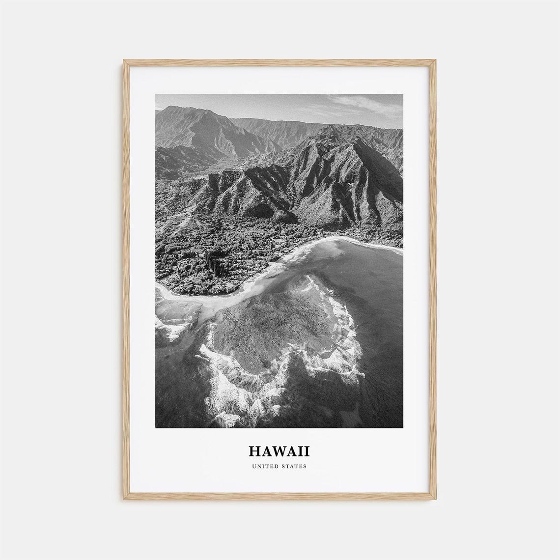 Hawaii Aerial Mountain Coastline Black and White Travel Poster