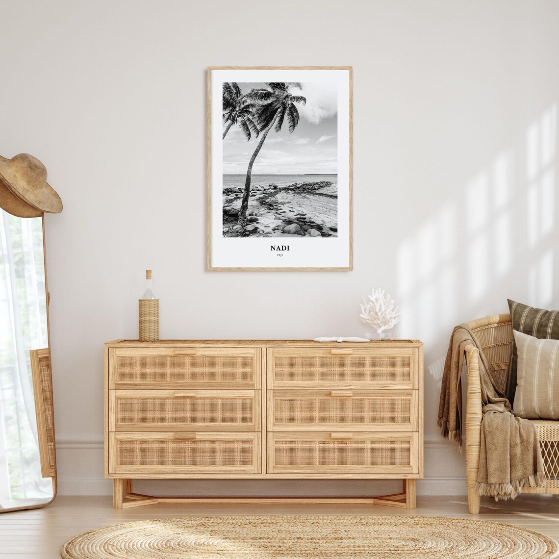 Nadi Fiji Palm Trees Rocky Shoreline Black and White Art Print - Image 3