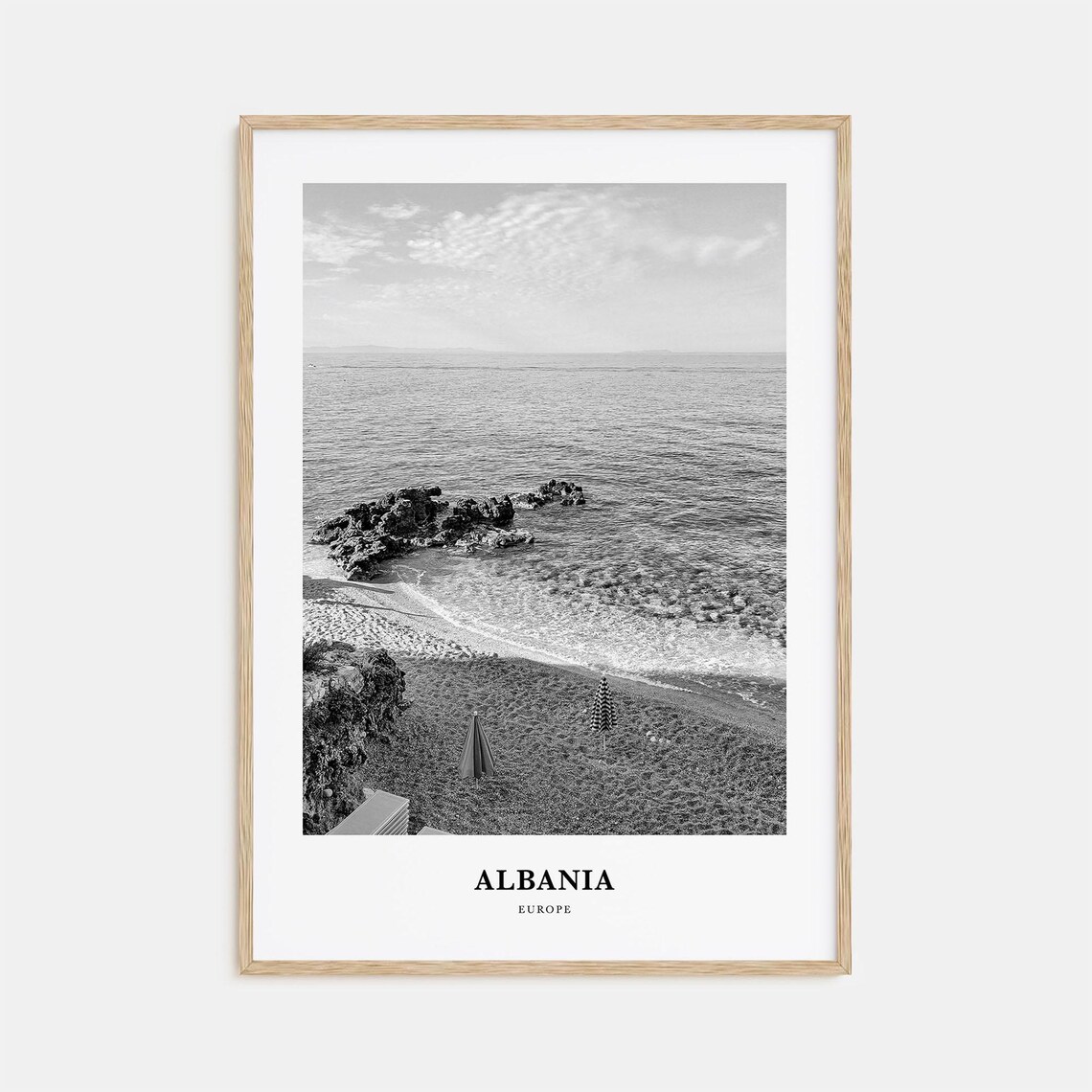 Albania Quiet Rocky Beach Shore Black and White Europe Travel Poster