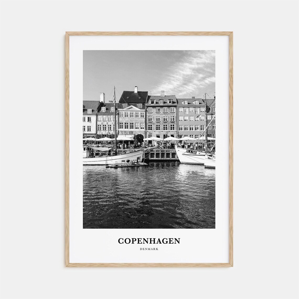 Copenhagen Nyhavn Harbor Boats Black and White Travel Poster