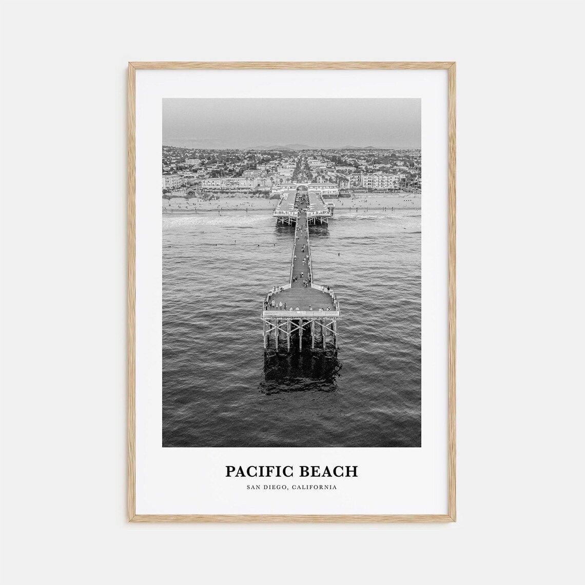 Pacific Beach San Diego Pier Aerial View Black and White Travel Poster