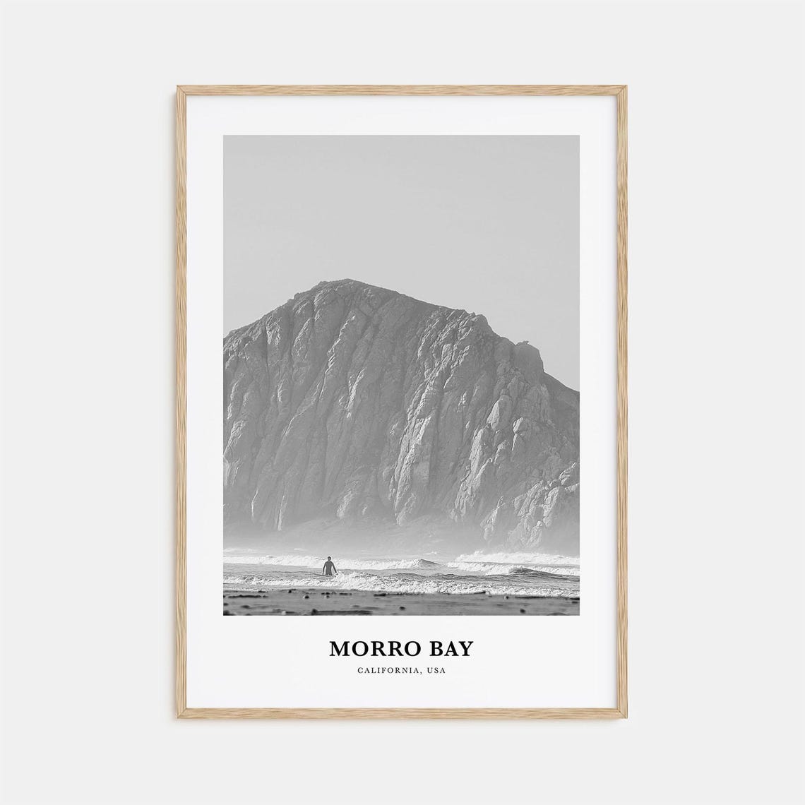 Morro Bay California Morro Rock Surfer Black and White Poster