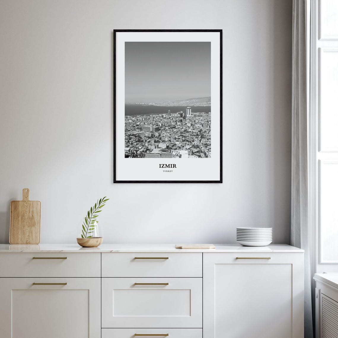 Izmir Turkey Black and White Aegean Bay Waterfront Cityscape Poster - Image 2