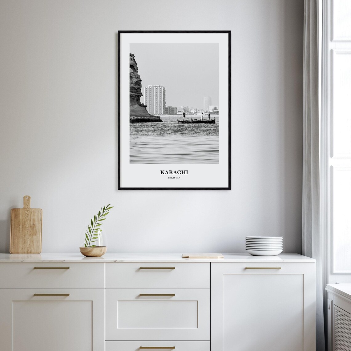 Karachi Pakistan Black and White Fishing Boat Harbor Scene Poster - Image 2