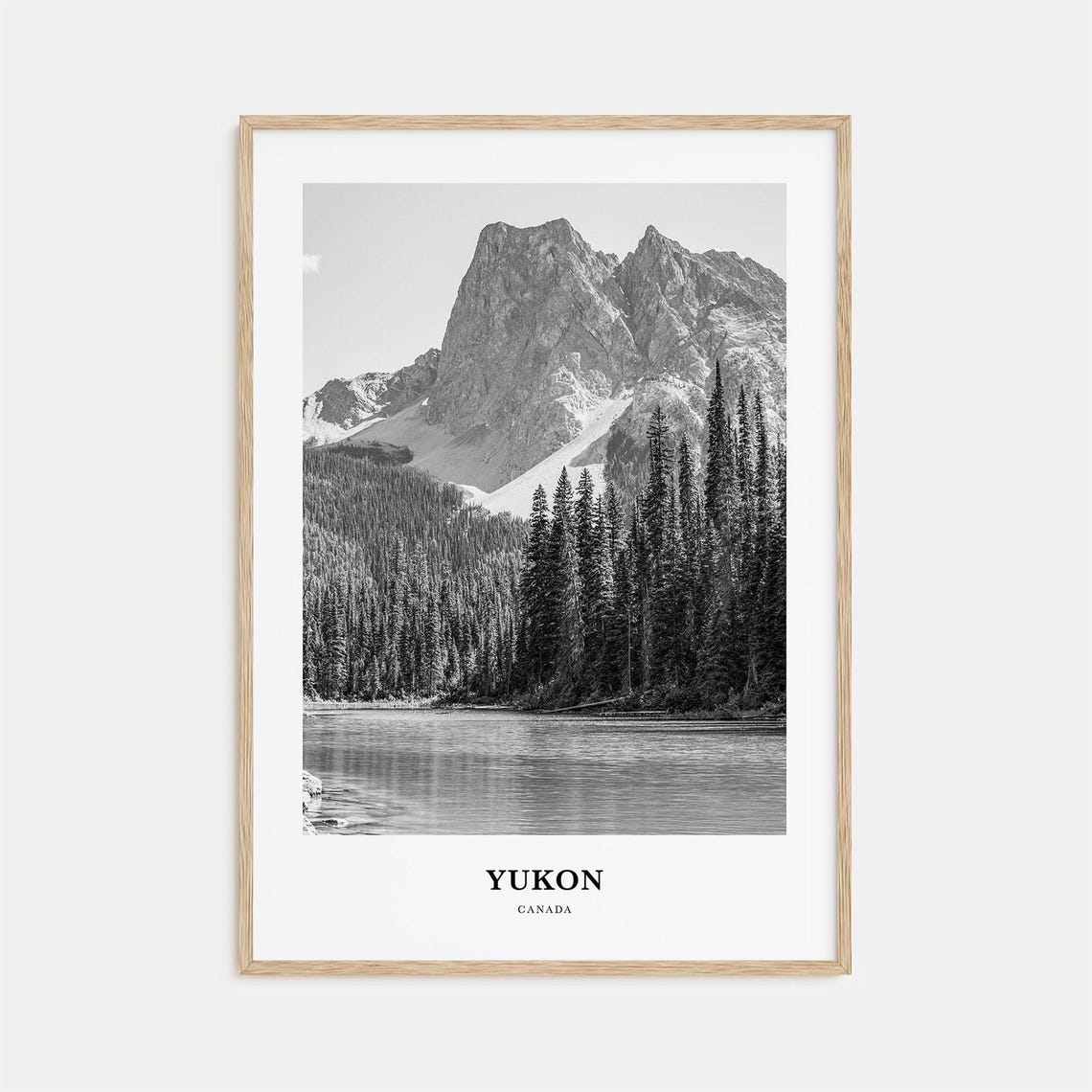 Yukon Canada Jagged Mountain Lake Pines Black and White Poster