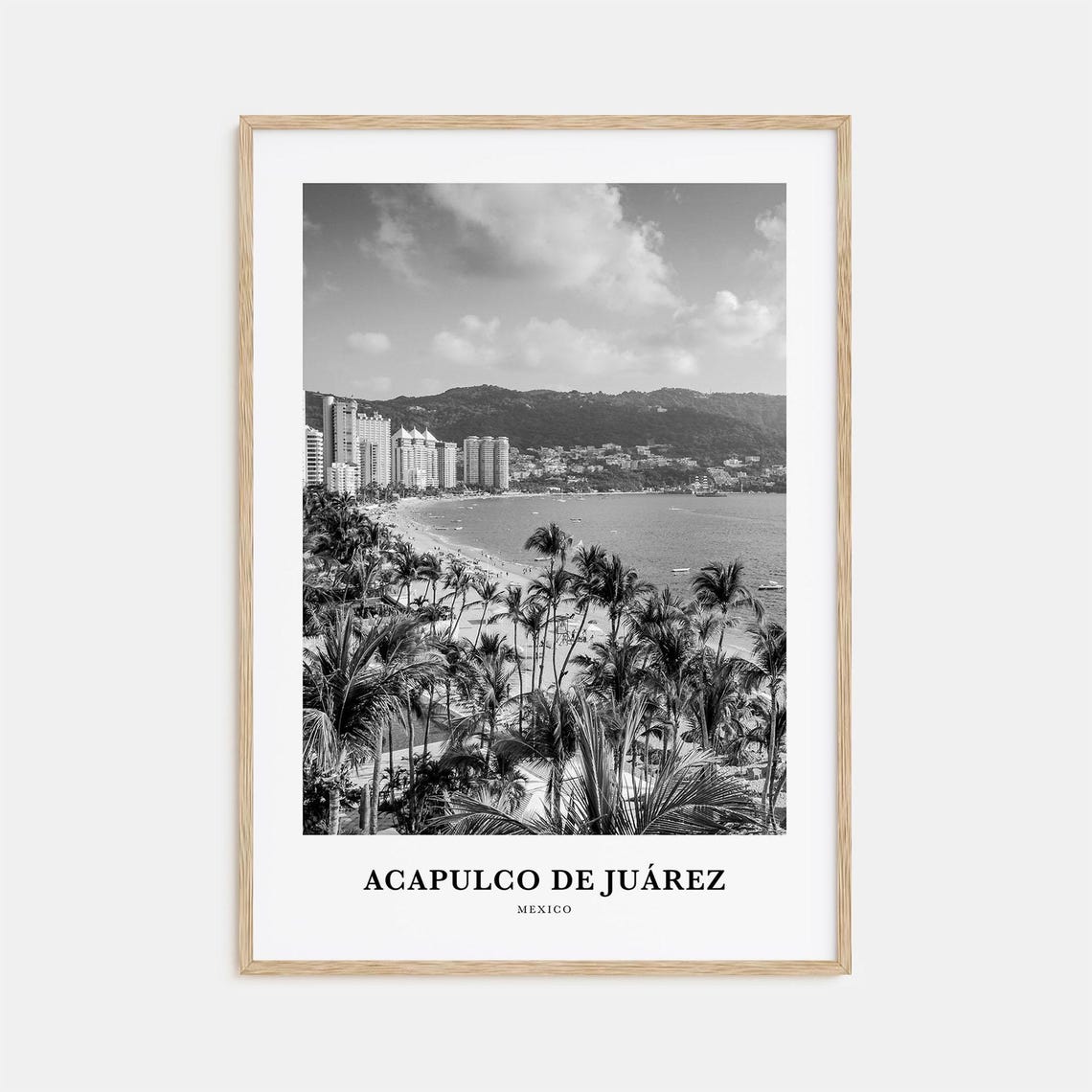 Acapulco de Juarez Bay Skyline Black and White Mexico Travel Poster