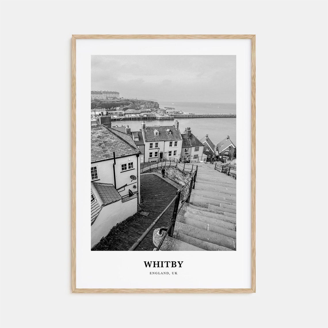 Whitby England Historic Harbor Steps Coastal Town Black White Poster