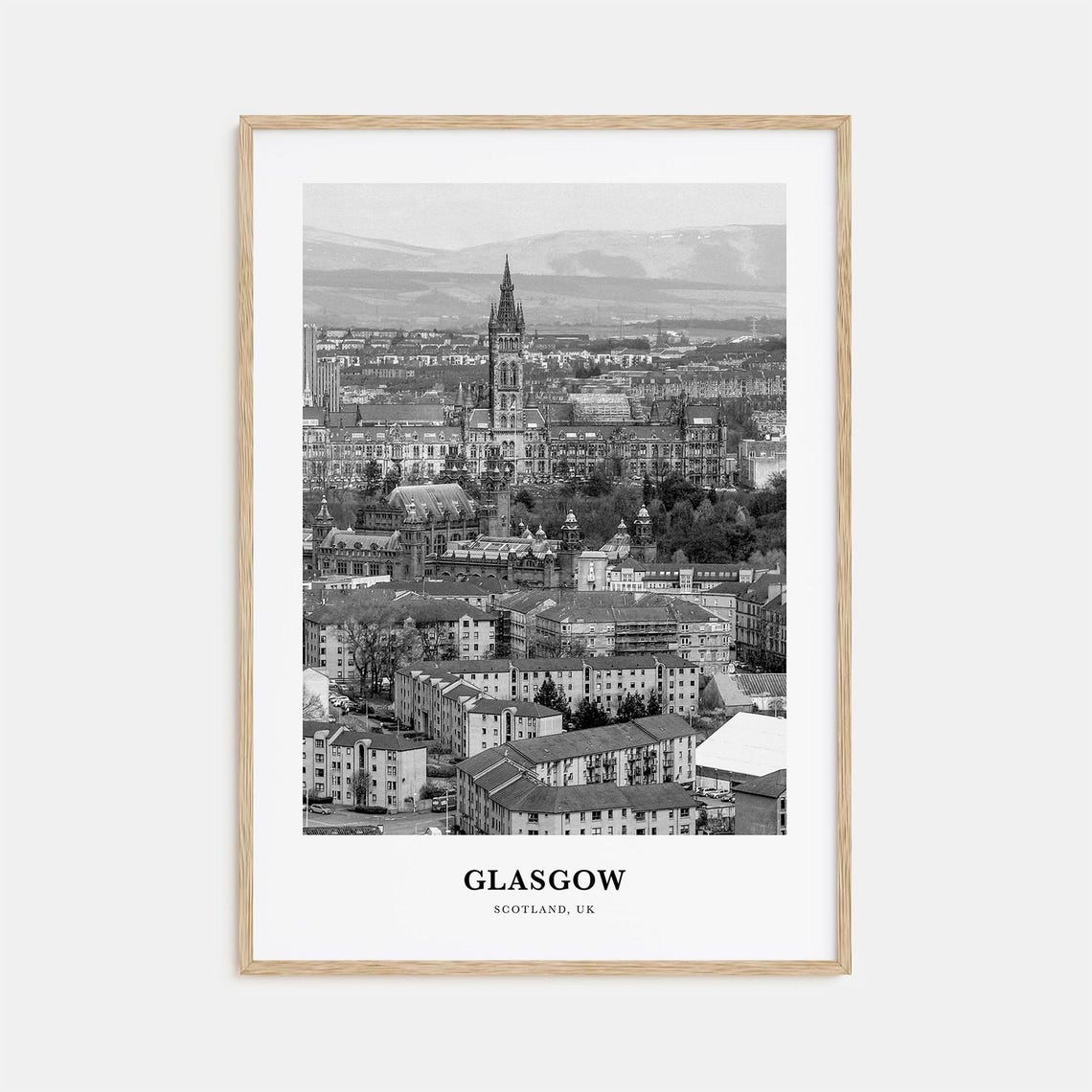 Glasgow Scotland City Skyline University Tower Black White Poster