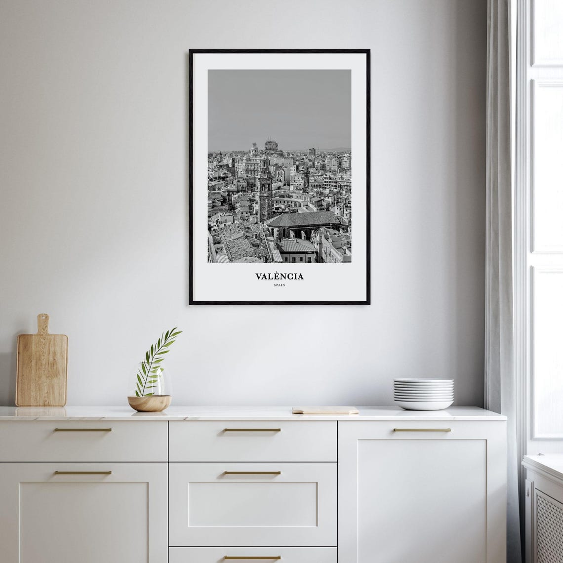 Valencia Spain Old Town Bell Tower Rooftops Monochrome Art Poster - Image 2