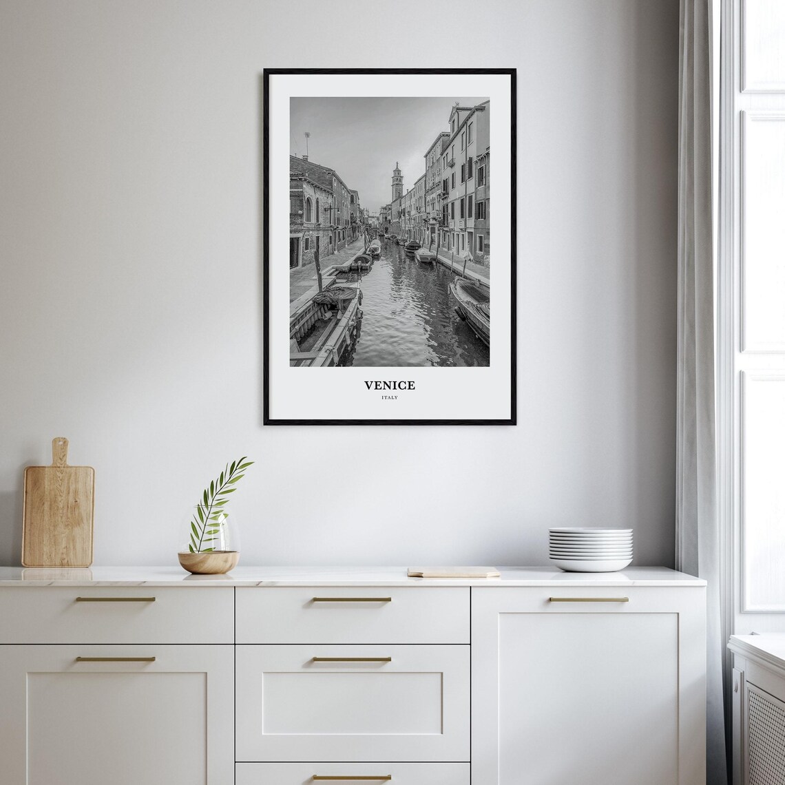Venice Italy Quiet Canal with Moored Boats Monochrome Art Poster - Image 2