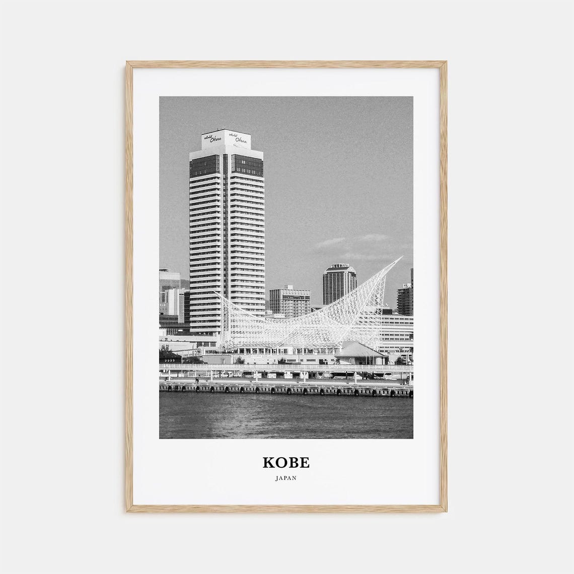Kobe Japan Black and White Harbor Skyline Photography Poster