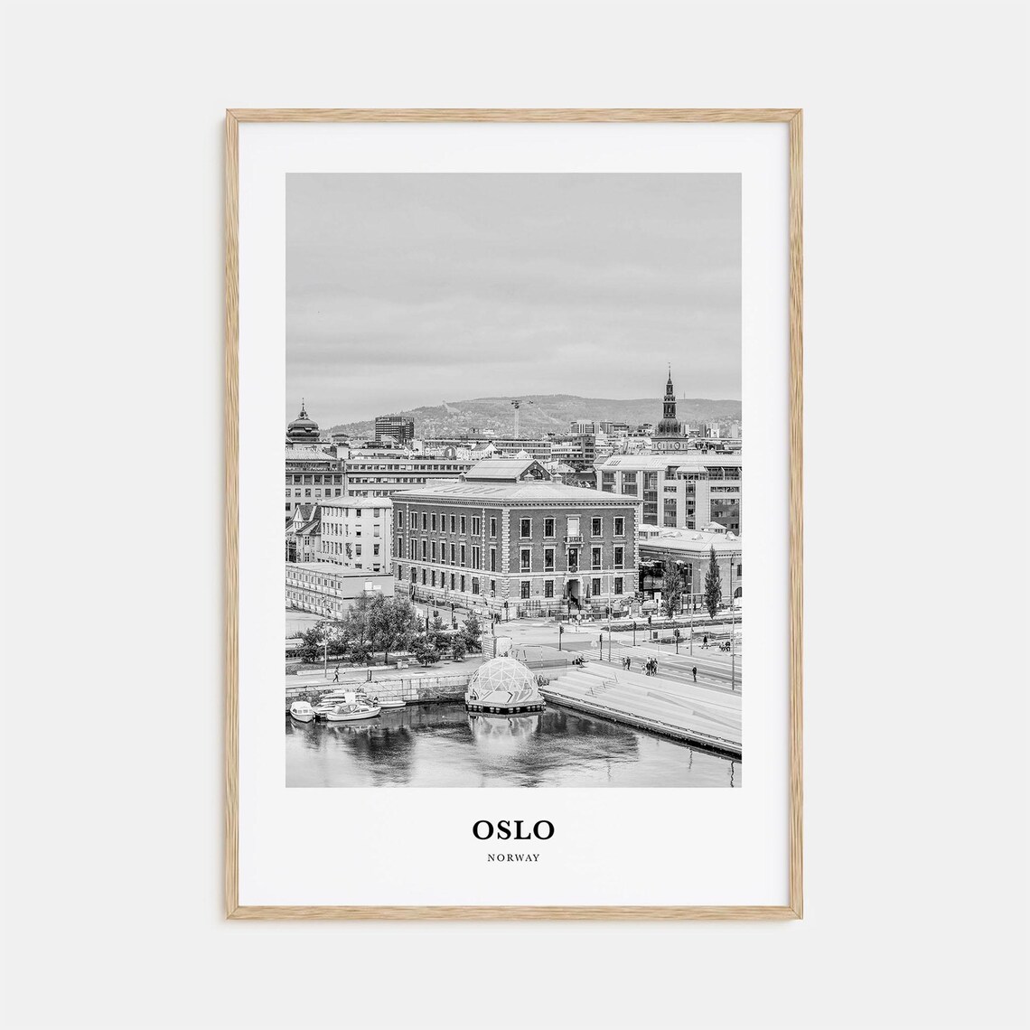 Oslo Waterfront Harbor Black and White Minimalist Travel Poster