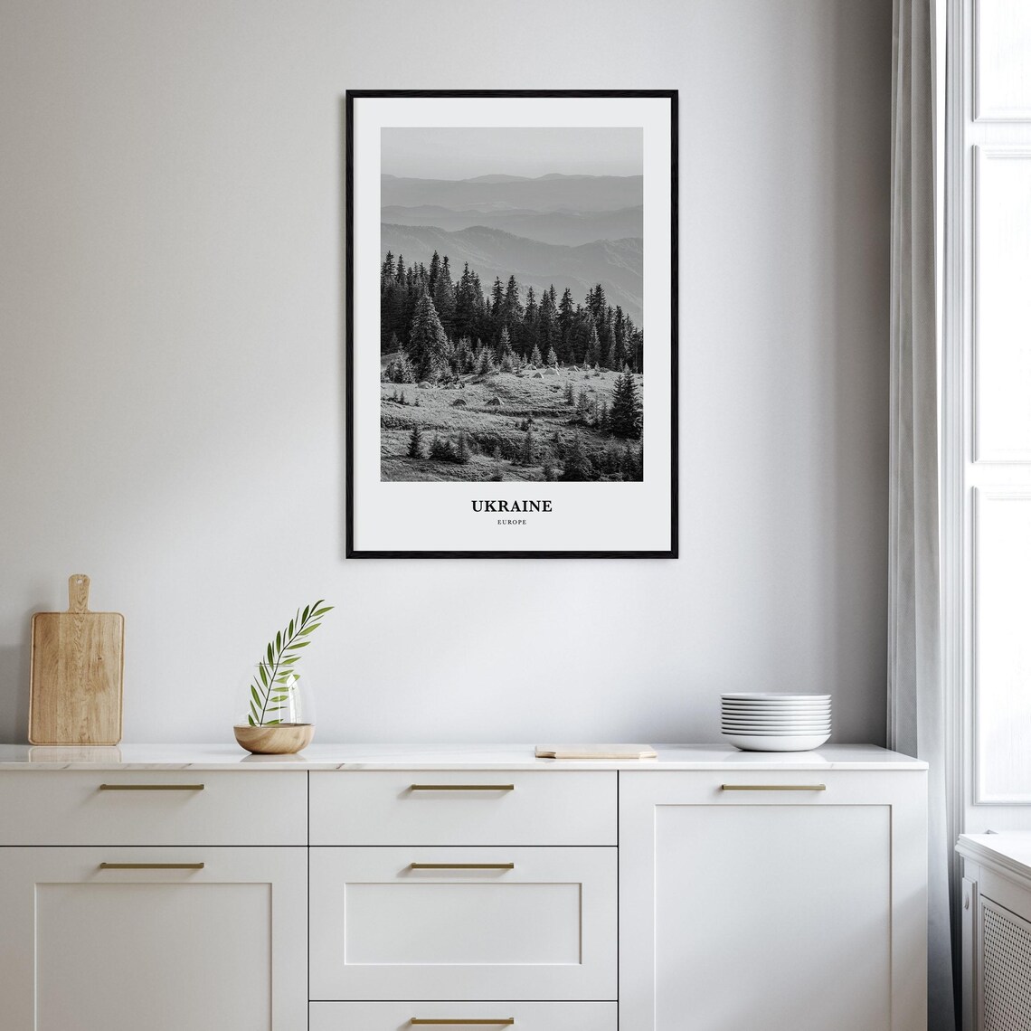 Ukraine Europe Pine Forest Mountain Mist Black and White Poster - Image 2