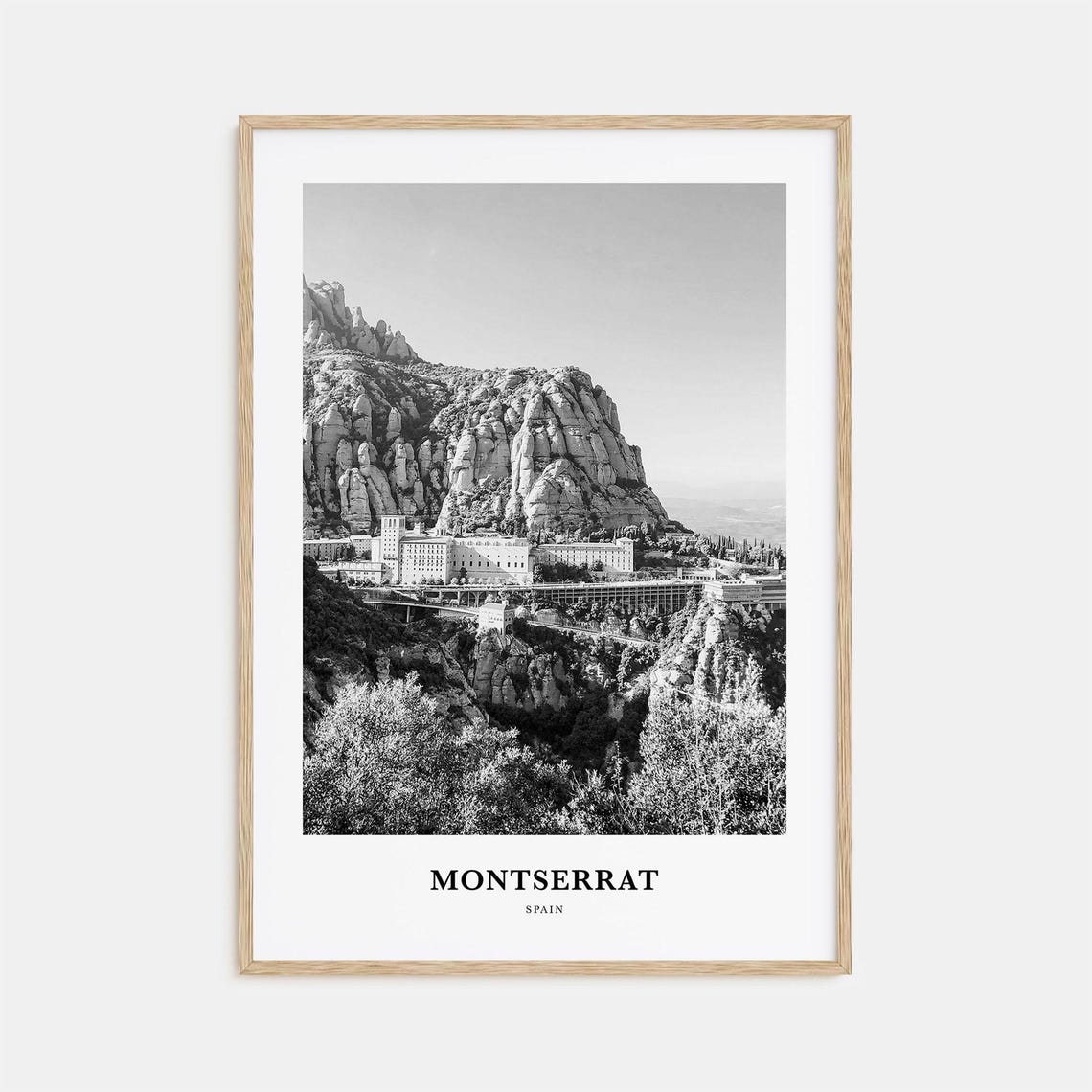 Montserrat Spain Black and White Rocky Mountain Monastery Poster