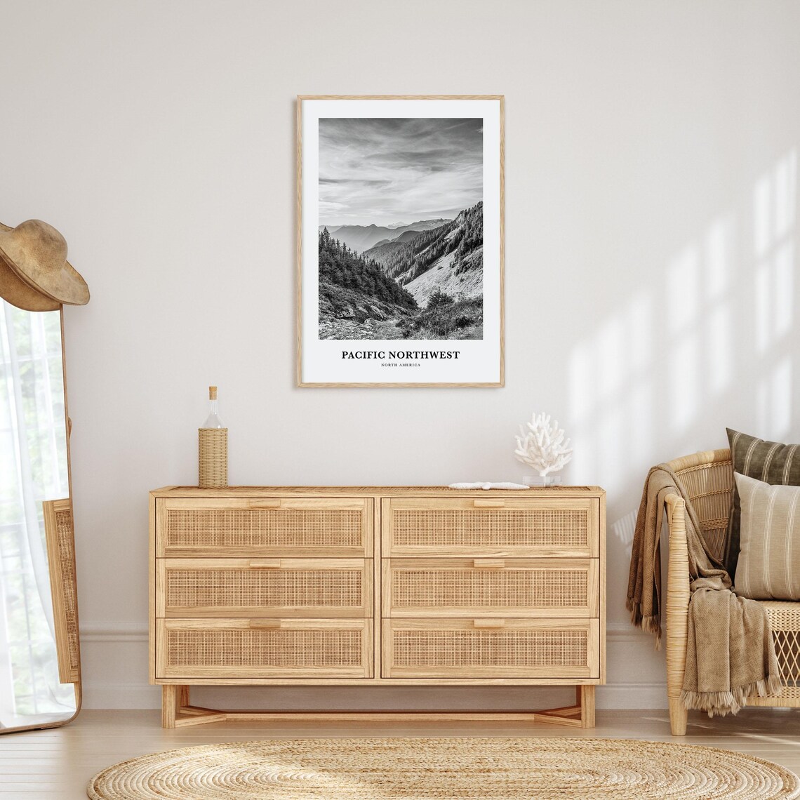 Pacific Northwest Mountain Forest Valley Black and White Travel Poster - Image 3