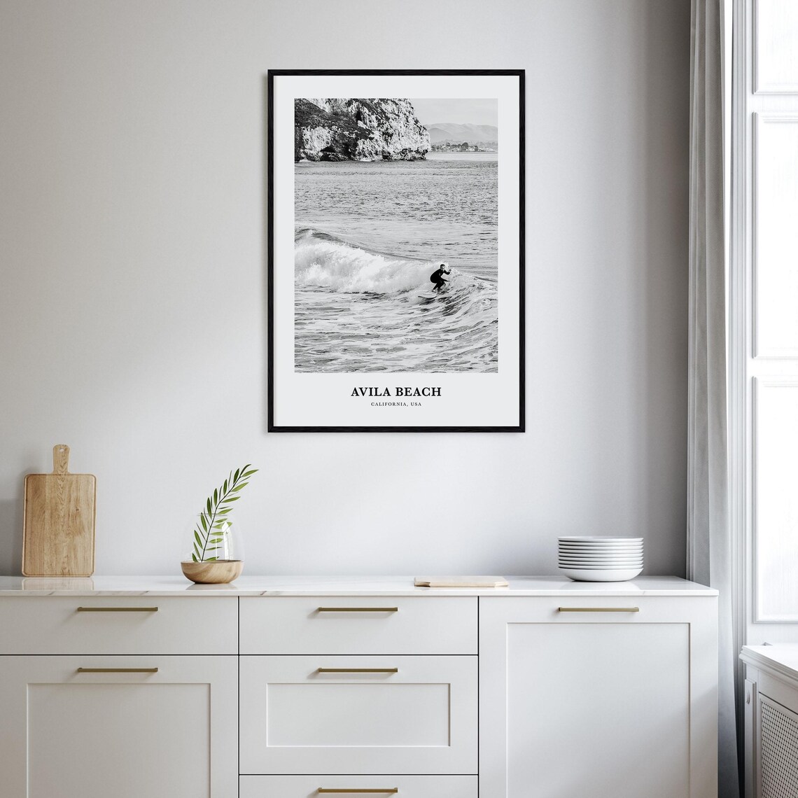 Avila Beach California Surfer Riding Wave Black and White Poster - Image 2