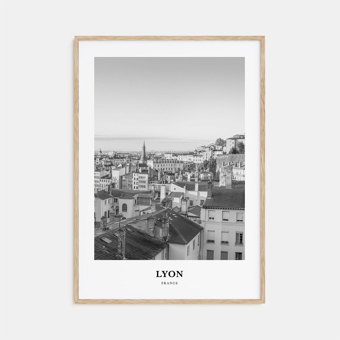 Lyon France Old Town Rooftops Skyline Black and White Travel Poster